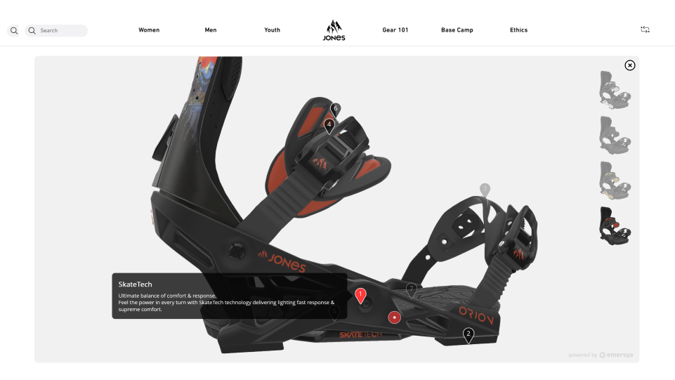 Screenshot of the Jones Orion snowboard binding webpage using an Emersya 3D viewer. The animation created with the Emersya platform permit to the brand a guided tour with the pinpoints, for the customer to discover all the details of the product.