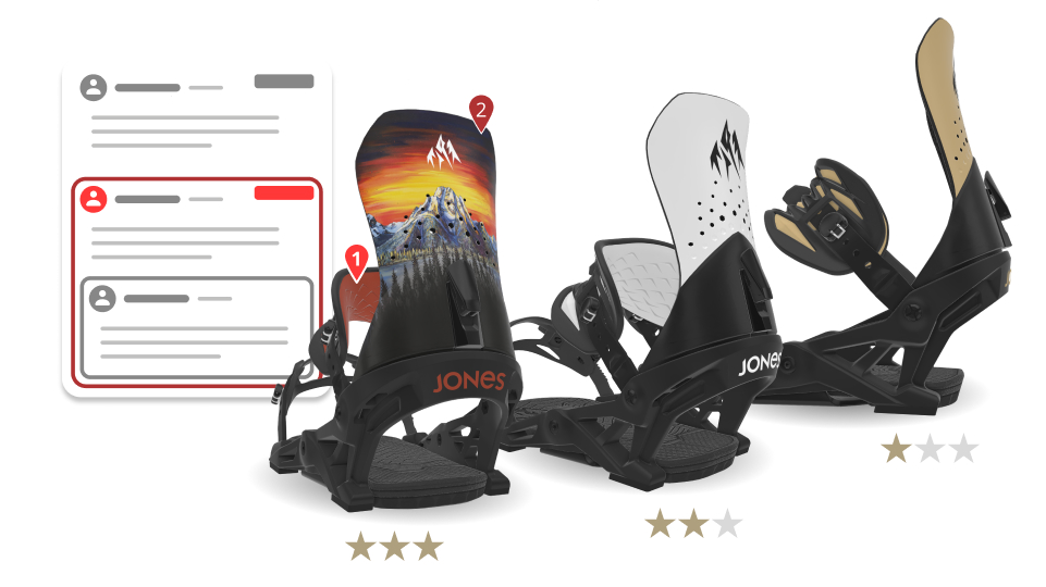 Le processus de développement de la fixation de snowboard Jones Orion utilise la plateforme Emersya pour proposer une révision du modèle à toutes les parties prenantes. Cette option permet d'accélérer la création de variantes et de réduire ainsi le temps de mise sur le marché.