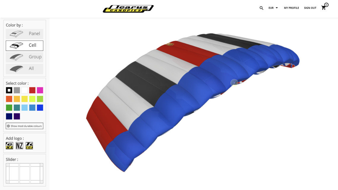 Case studies : Screenshot of the Icarus canopies (NZ_Aerosports) webpage using the Emersya 3D configurator. The immersive experience created with the Emersya platform permit to the customer to choose the color of each panel of textile of the product and see the result in real time.