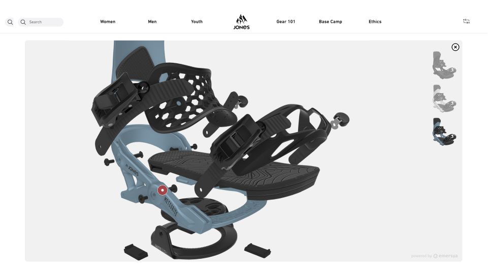 Exploded view of Jones Meteorite bindings on the brand website created with the Emersya platform. A trigger permit the desassembly of all the components to see all of them in detail.