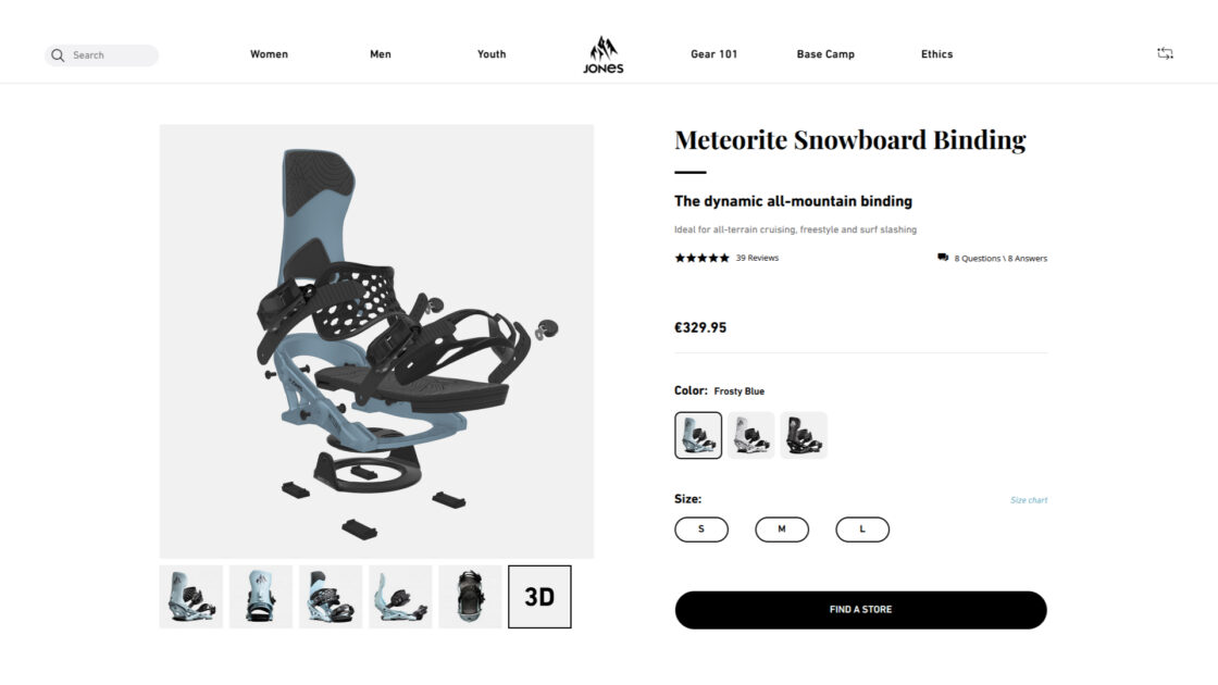 Case studies : Screenshot of the Jones Meteorite snowboard binding webpage using an Emersya 3D viewer. The animation created with the Emersya platform permit to the brand a guided tour for the customer to discover all the details of the product.