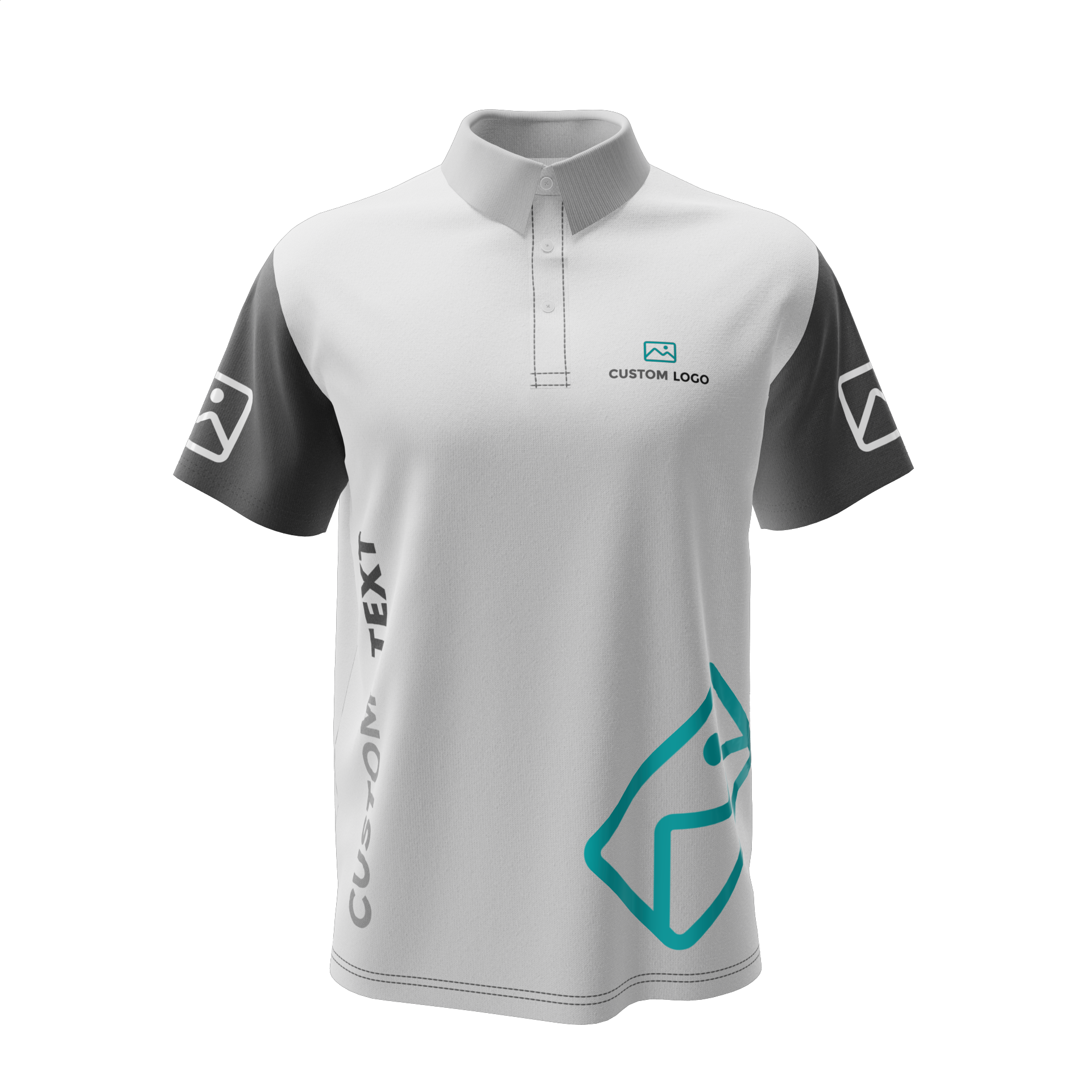 Customized short-sleeved polo shirt with custom logo (heart and sleeves) and custom text on the side to illustrate Emersya product customizers solutions. The body of the polo is white, the sleeves are dark grey and the collar is clear grey.