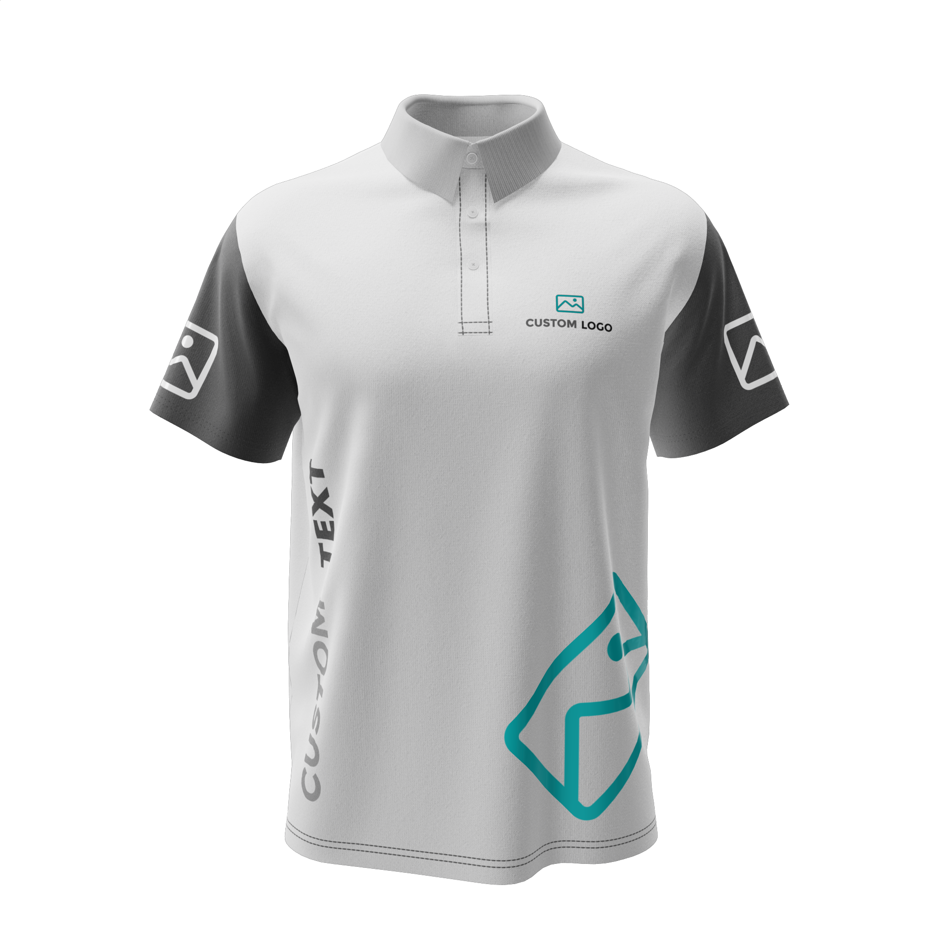Polo à manches courtes personnalisé  avec logo (cœur et manches) et texte sur le côté pour illustrer les solutions Emersya de personnalisation de produits. Le corps du polo est blanc, les manches sont gris foncé et le col est gris clair.
