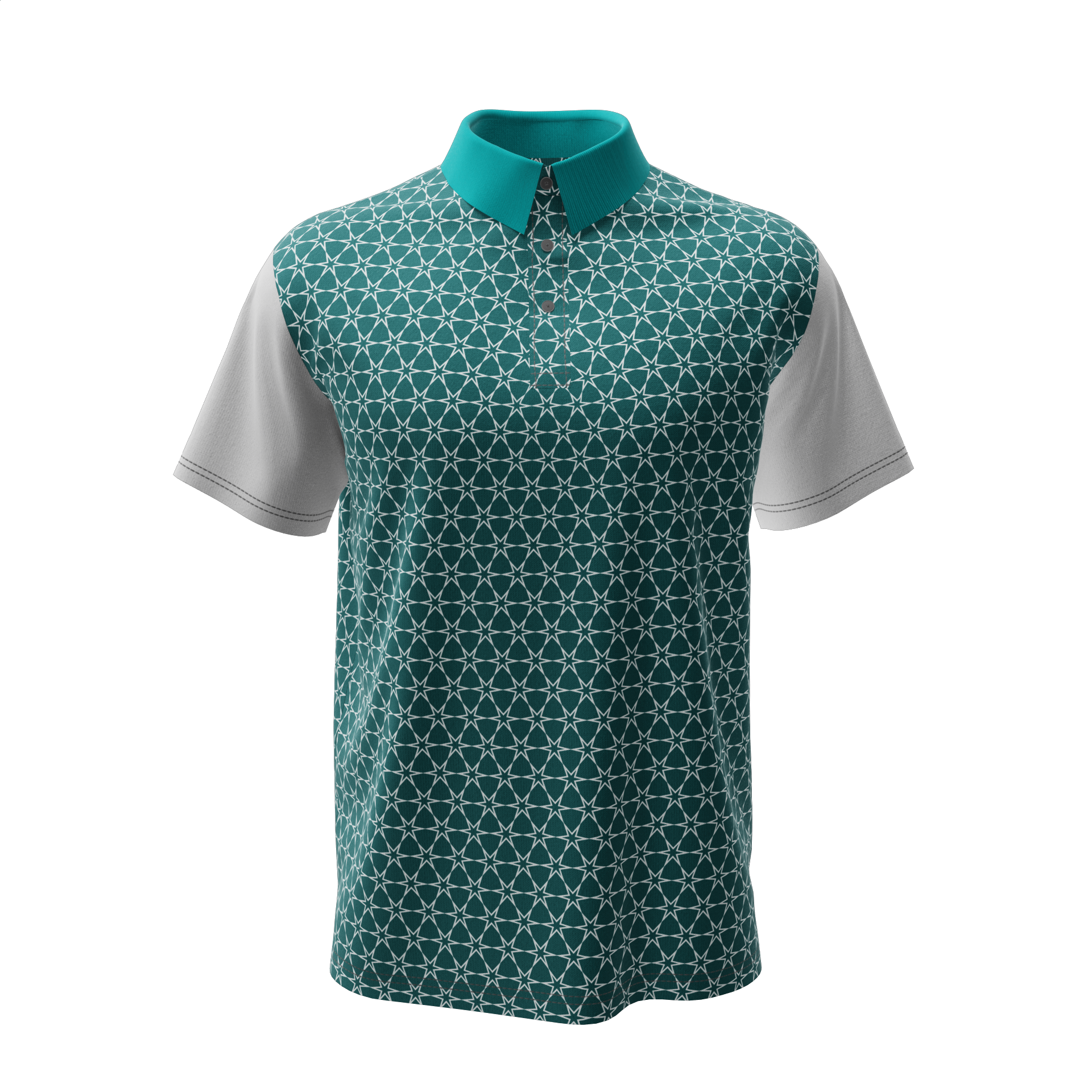 Polo personnalisé avec un choix de graphismes et de couleurs sur le corps, les manches et le col en utilisant les solutions Emersya de personnalisation de produits. Les manches sont blanches, le col est vert et le corps est vert avec un graphisme personnalisé.
