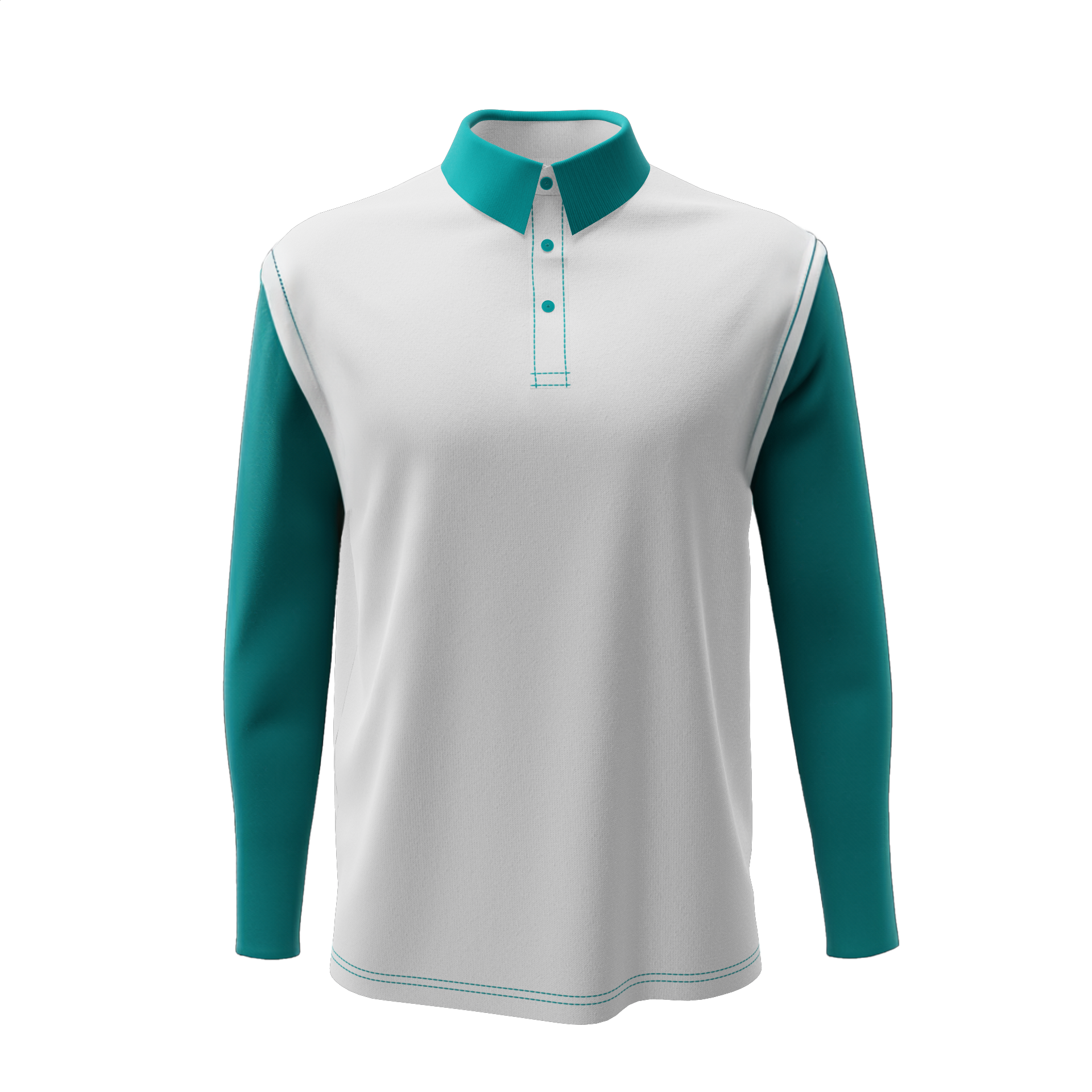 Polo à manches longues à personnaliser à l'aide des solution Emersya de personnalisation produits. Les manches et le col sont verts et le corps est blanc.
