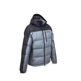 Small 3D render from three quarter front view of the Marmot Guides Down Hoody Jacket, Grey Storm / Dark Steel colorway, in its zipped up position with the hood down