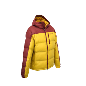 Small 3D render from three quarter front view of the Marmot Guides Down Hoody Jacket, Yellow/Team Red colorway, in its zipped up position with the hood down.