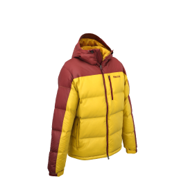 Rendu 3D de la vue de trois quarts avant de la Veste Marmot Guides, coloris Yellow/Team Red, en position zippée avec la capuche rabattue.