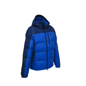 Small 3D render from three quarter front view of the Marmot Guides Down Hoody Jacket, Blue Sapphire / Dark Ink colorway, in its zipped up position with the hood down