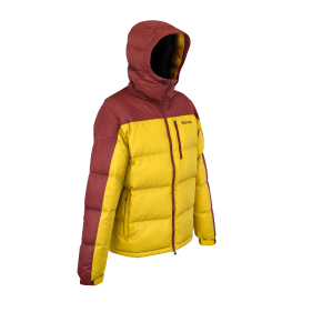 Small 3D render from three quarter back view of the Marmot Guides Down Hoody Jacket, Solar Yellow/Team Red colorway, in its zipped up position with the hood up