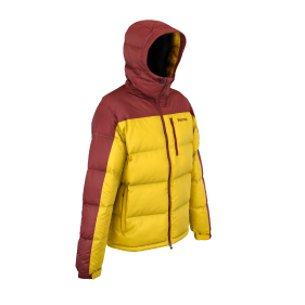 Rendu 3D de la vue de trois quarts arrière de la Veste Marmot Guides, coloris Yellow/Team Red, en position zippée avec la capuche remontée.