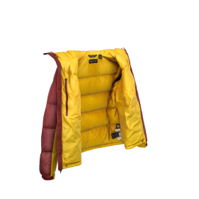 Small 3D render from three quarter front view of the Marmot Guides Down Hoody Jacket, Solar Yellow/Team Red colorway, in its unzipped open position with the hood down