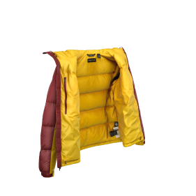 Rendu 3D de la vue de trois quarts avant de la Veste Marmot Guides, coloris Yellow/Team Red, en position fermeture éclair ouverte avec la capuche baissée.
