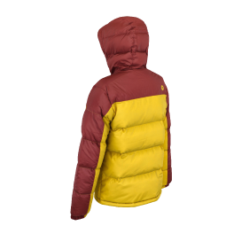 Small 3D render from three quarter back view of the Marmot Guides Down Hoody Jacket, Solar Yellow/Team Red colorway, in its zipped up position with the hood up