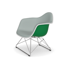 Picture of an Eames LAR plastic chair chromed base. The color of the plastic chair seat is green.