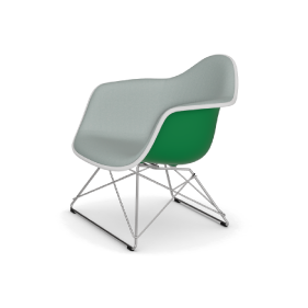 Picture of an Eames LAR plastic chair chromed base. The color of the plastic chair seat is green.