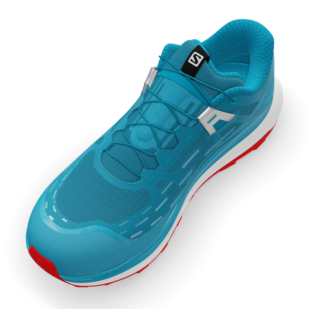 Top threequarter view of a Salomon Ultra Glide shoe. Colors are sky blue for the textile part, for the inside sole and lace. On the outside the sole is white and red and there is a Salomon label on top of the shoe.