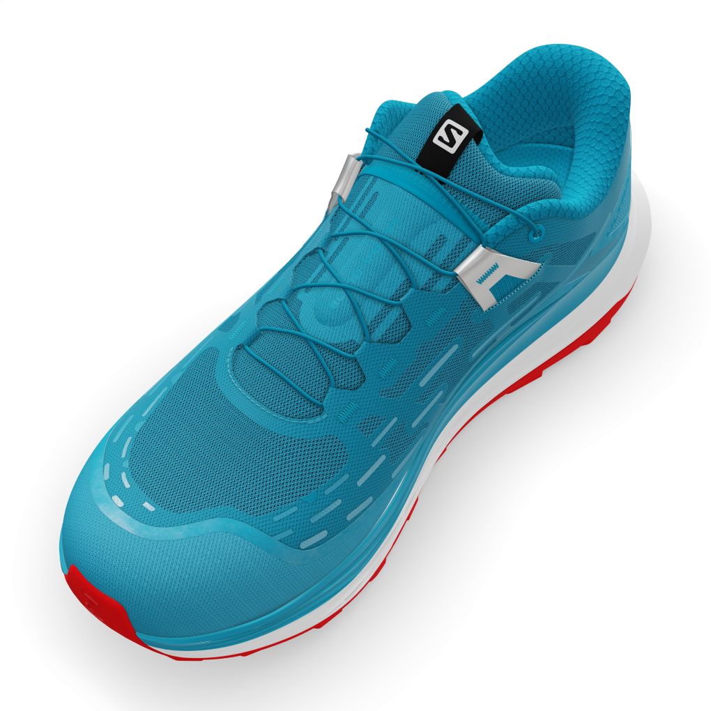 Vue de trois quarts supérieure d'une chaussure Salomon Ultra Glide. Les couleurs sont bleu ciel pour la partie textile, pour la semelle intérieure et le lacet. A l'extérieur, la semelle est blanche et rouge et il y a une étiquette Salomon sur le dessus de la chaussure.