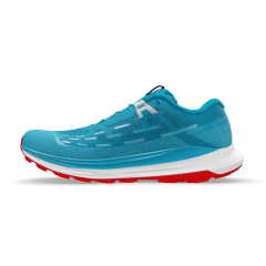 Left side view of a Salomon Ultra Glide shoe. Colors are sky blue for the textile part, the lace and white and red for the sole.