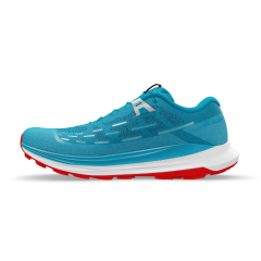 Vue latérale gauche d'une chaussure Salomon Ultra Glide. Les couleurs sont bleu ciel pour la partie textile, le lacet et blanc et rouge pour la semelle.