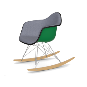 Picture of an Eames RAR plastic armchair maple wood base. The rocking chair base is made of maple wood and metal. The color of the plastic chair seat is grey and green.