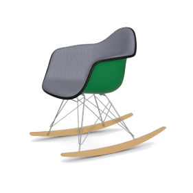 Picture of an Eames RAR plastic armchair maple wood base. The rocking chair base is made of maple wood and metal. The color of the plastic chair seat is grey and green.