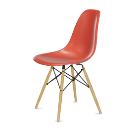 Picture of an Eames DSW plastic chair ash wood base. The color of the plastic chair seat is red.