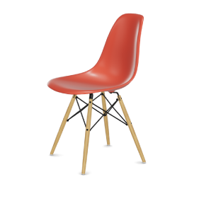 Picture of an Eames DSW plastic chair ash wood base. The color of the plastic chair seat is red.