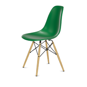 Picture of an Eames DSW plastic chair ash wood base. The color of the plastic chair seat is green.