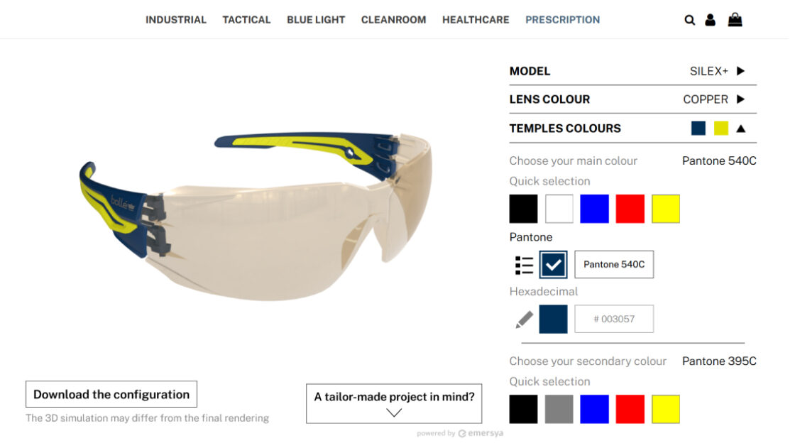 screenshot of Bollé Safety Protection glasses web customizer. 3D viewer on the left site, options on the right side.