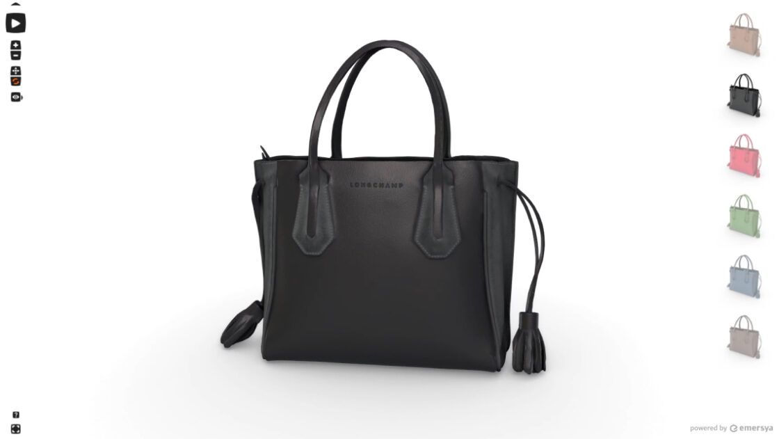 Screenshot of an Emersya Interactive 3D viewer showing a real-time 3D render of the Longchamp Penelope black leather handbag, available in 6 different colorways.