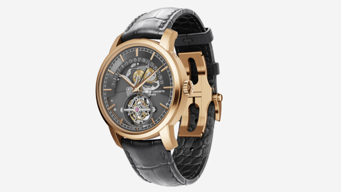 3D model of Vacheron Constantin Tradition Watch. Black and gold, leather strap