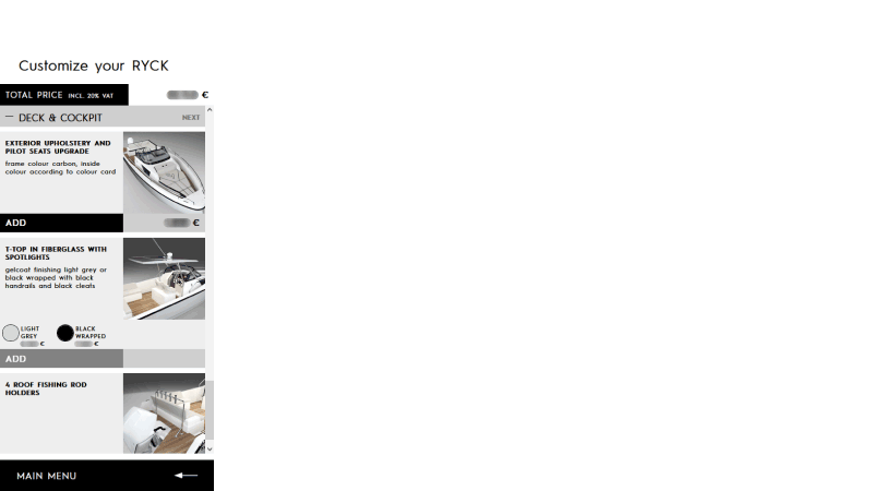 L'image montre les différentes étapes du configurateur de produit d'un Ryck 280 qui peuvent être réalisées par un client. La 3D photoréaliste du bateau permet de voir toutes les options choisies en détail, avec un zoom puissant. Cette page concerne la configuration du pont et du cockpit avec le choix de la sellerie extérieure et l'amélioration des sièges pilotes. Le client peut également ajouter un T-Top en fibre de verre avec spots et porte-cannes à pêche sur le toit.