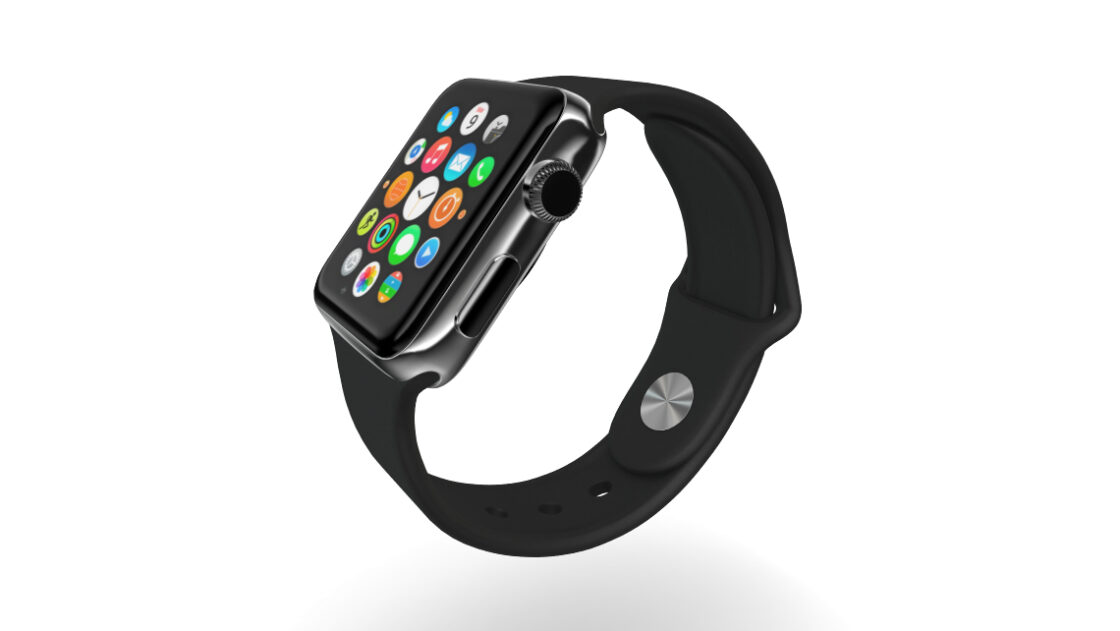 3D model of a black Apple Watch. View from the right side