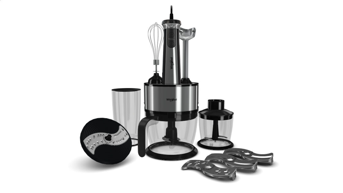 3D model of a Whirlpool Handblender, black & steel. All accessories are on display