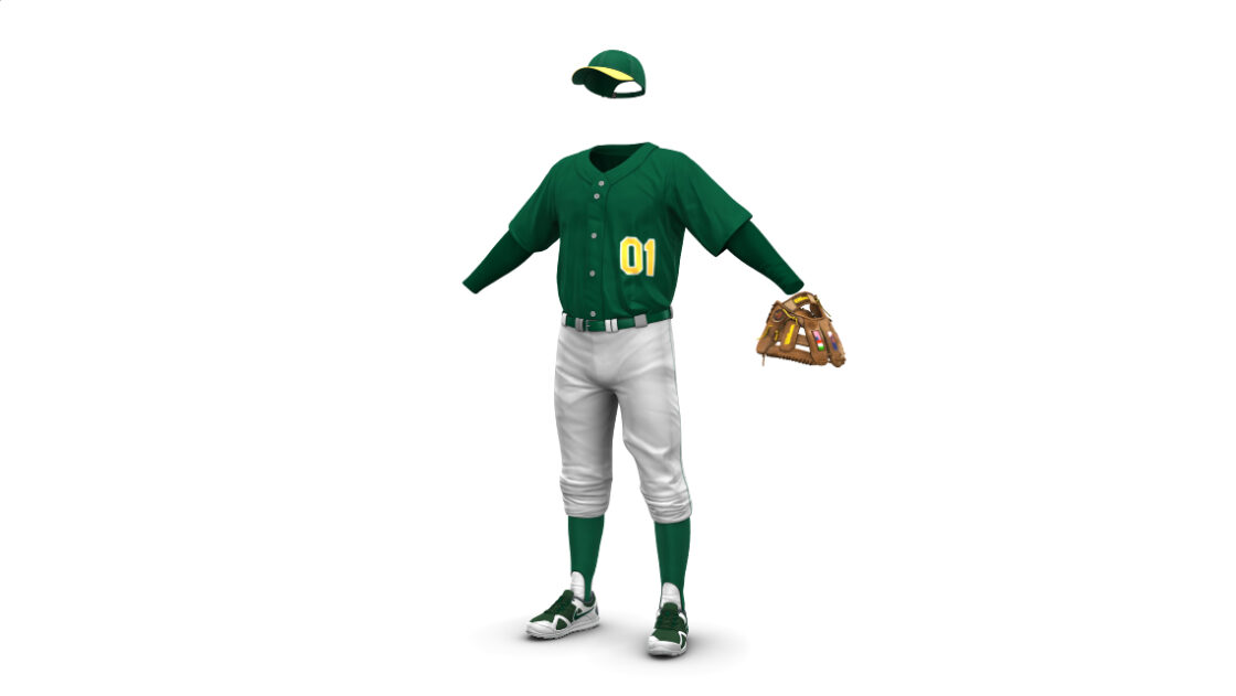 3D model of a full Baseball uniform. White pants and green shirt, cap, socks and shoes. Baseball glove on the left hand