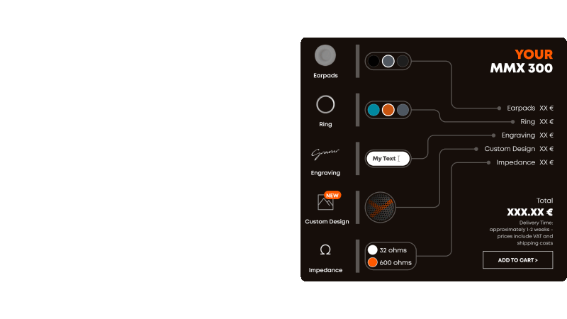 Beyerdynamic configurator webpage where you can find the configuration you did of each part of your headset before adding to cart : earpads, ring, engraving, custom design, impedance