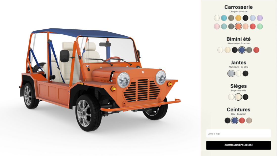 screenshot of the Kate electric car customizer. 3D model on the left, customizable parts and options on the right. Orange vehicule, black tires, beige seats and navy blue summer bimini