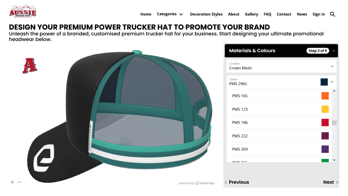 Page web du configurateur de chapeaux de camion du site de la marque australienne développée avec la technologie Emersya.