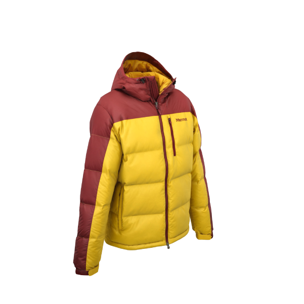 3D render from three quarter front view of the Marmot Guides Down Hoody Jacket, Solar Yellow/Team Red colorway, in its zipped up position with the hood down.