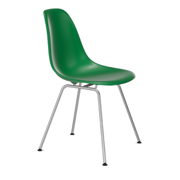 Picture of an Eames DSX plastic chair chromed base. The color of the plastic chair seat is green.