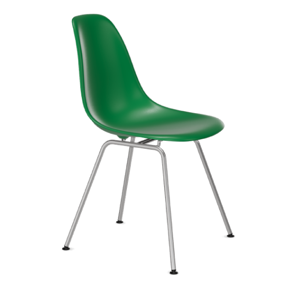 Picture of an Eames DSX plastic chair chromed base. The color of the plastic chair seat is green.
