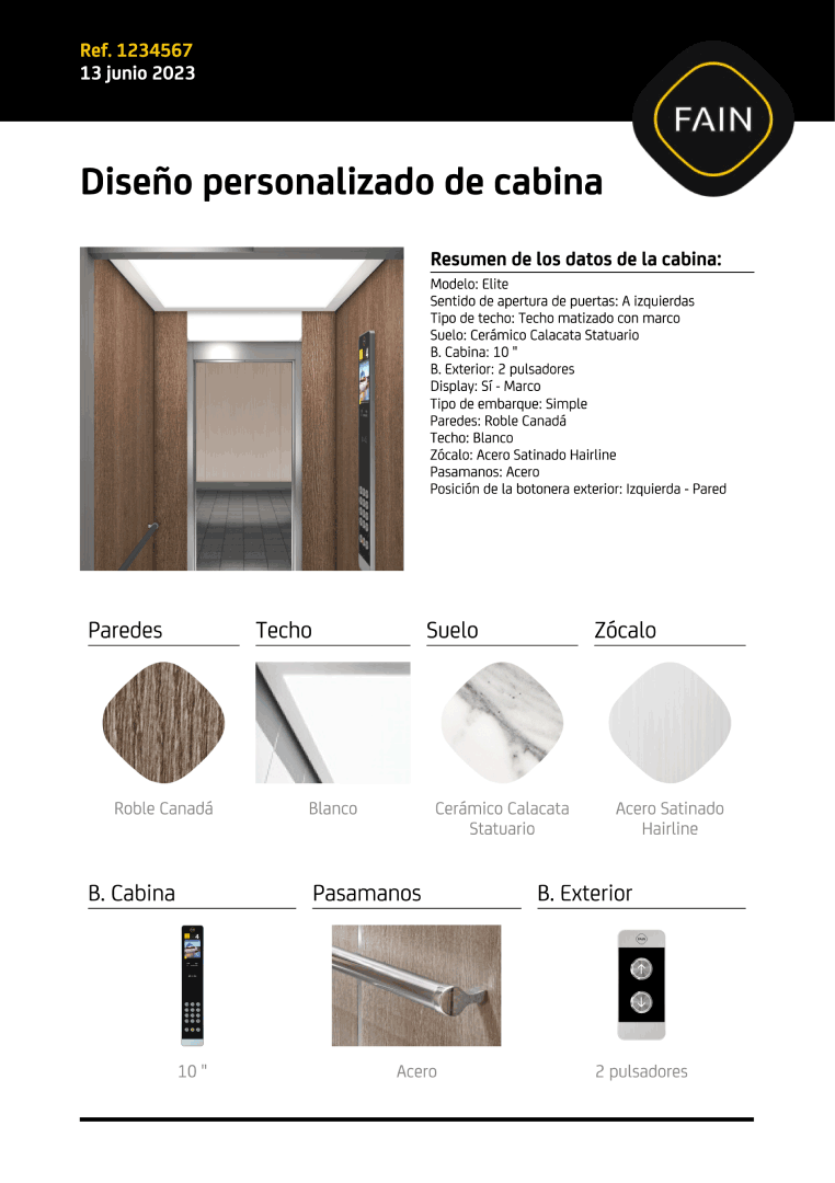 Technical sheet of a product configuration of a lift cabin. You can personalize the walls, the lighting, the floor, the plinth, the handrail and the switches. Emersya permit a live view of the configuration you are doing.