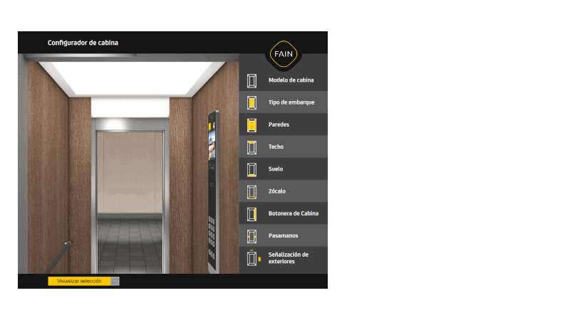 Web page of a product configurator of a lift cabin. You can personalize the walls, the lighting, the floor, the plinth, the handrail and the switches. Emersya permit a live view of the configuration you are doing.