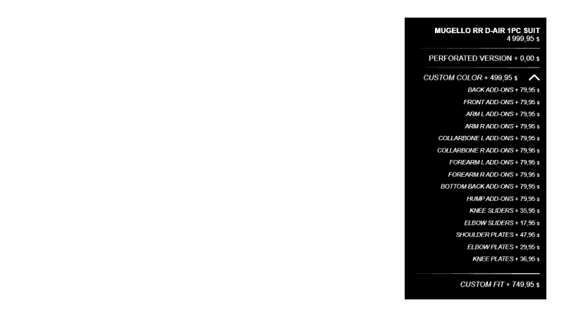 Here is the list of options choosen by the customer on the Daines Rossi configurator with the additional cost for each option