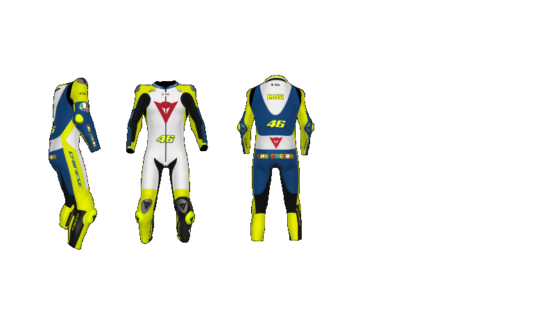 Result of a configuration of a motorbike suit with the Dainese Rossi configurator. We have here 3 points of view : front, back and side view that are generated after the customer customization.