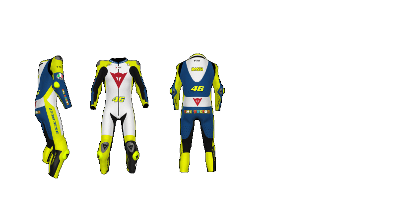 Résultat d'une configuration d'une combinaison moto avec le configurateur Dainese Rossi. Nous avons ici 3 points de vue : avant, arrière et latéral qui sont générés après la personnalisation du client.