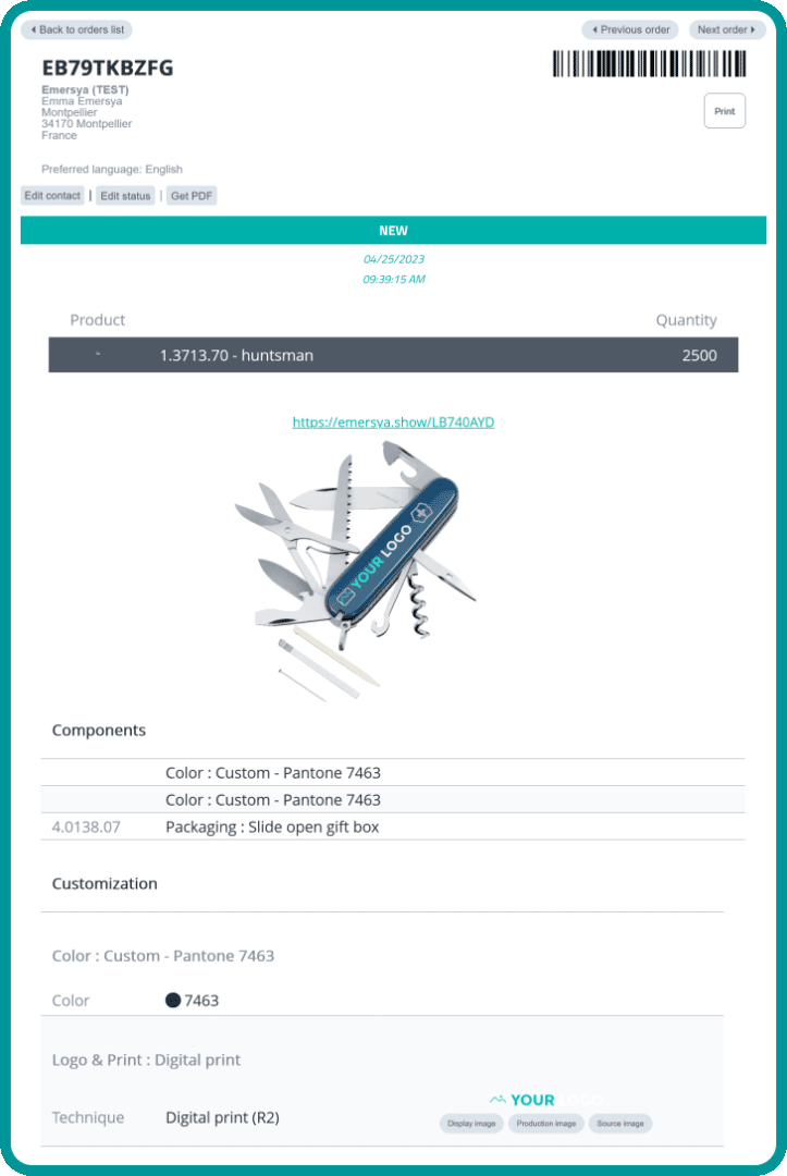 Example of an order form extract from the Emersya platform. This form show the product with all the options and customizations that have been selected and done by the customer. You can also find the company and contact details and the quantities ordered.