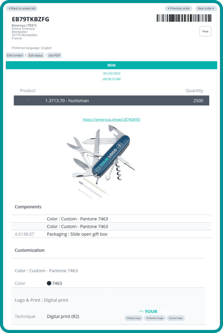 Exemple de formulaire de commande extrait de la plateforme Emersya. Ce formulaire présente le produit avec toutes les options et personnalisations qui ont été sélectionnées et réalisées par le client. On y trouve également les coordonnées de l'entreprise et les quantités commandées.