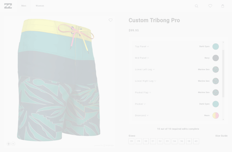 Billabong Custom Tribong pro configurator webpage. On this page, you can choose your size but also the different parts of the swimming trunks : top panel, mid panel, lower left leg, lower right leg, pocket flap, pocket, drawcord